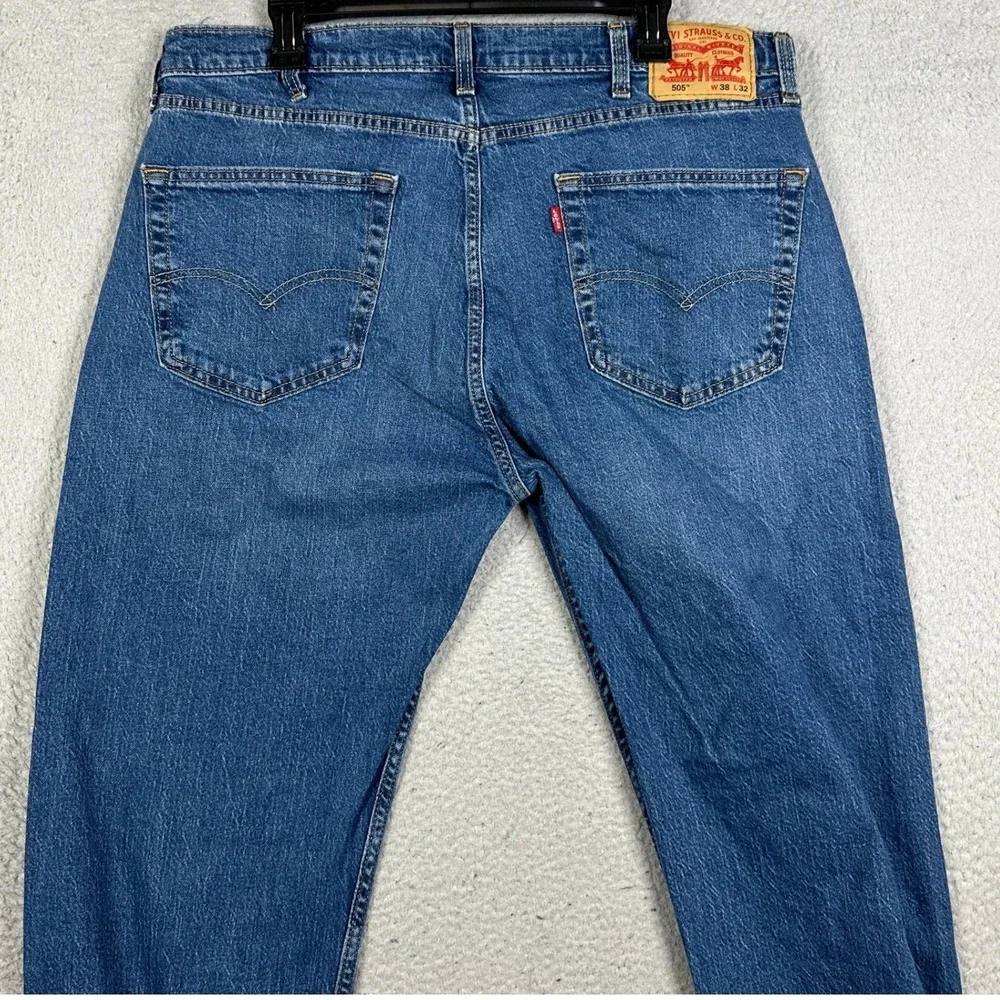 Levis 505 Jeans Mens 38X32 Blue Regular Straight Leg Distressed Stretch Denim